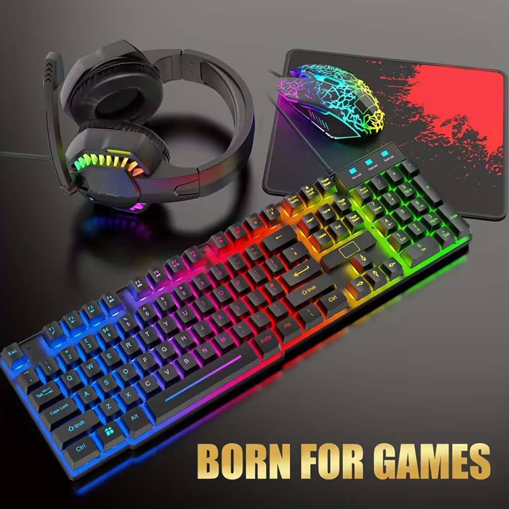 4-in-1 Gaming Combo: Wired Keyboard, Mouse, Headset & Mouse Pad. Rainbow LED backlit for PC, PS4, Xbox. Complete gaming setup.