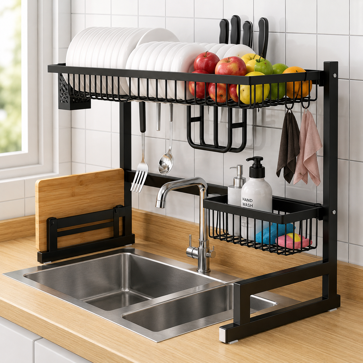 Over Sink Kitchen Dish Drying Rack Organizer | Stainless Steel Storage Shelf with Utensil Holders for Kitchen Essentials, 65/85cm