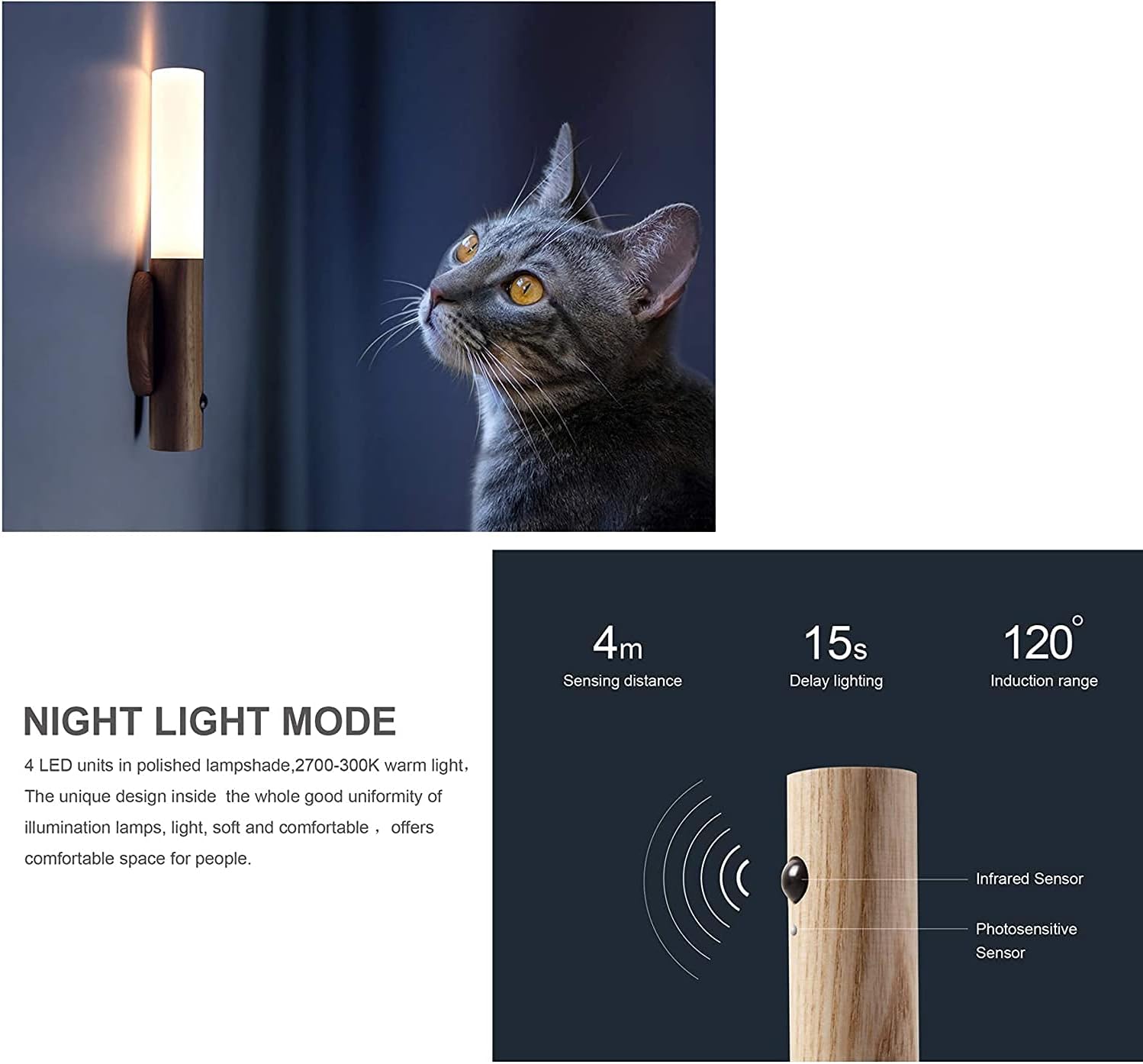 Motion Sensor LED Night Light, Rechargeable Magnetic Wall Lamp with 4M Detection Range, Portable Handheld Light, Walnut Finish, USB Rechargeable