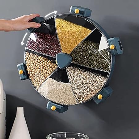 Wall-Mounted 6-Grid Dry Food Dispenser Storage Container | Rotating Grain, Rice, Cereal, Coffee Bean and Snack Organizer for Kitchen