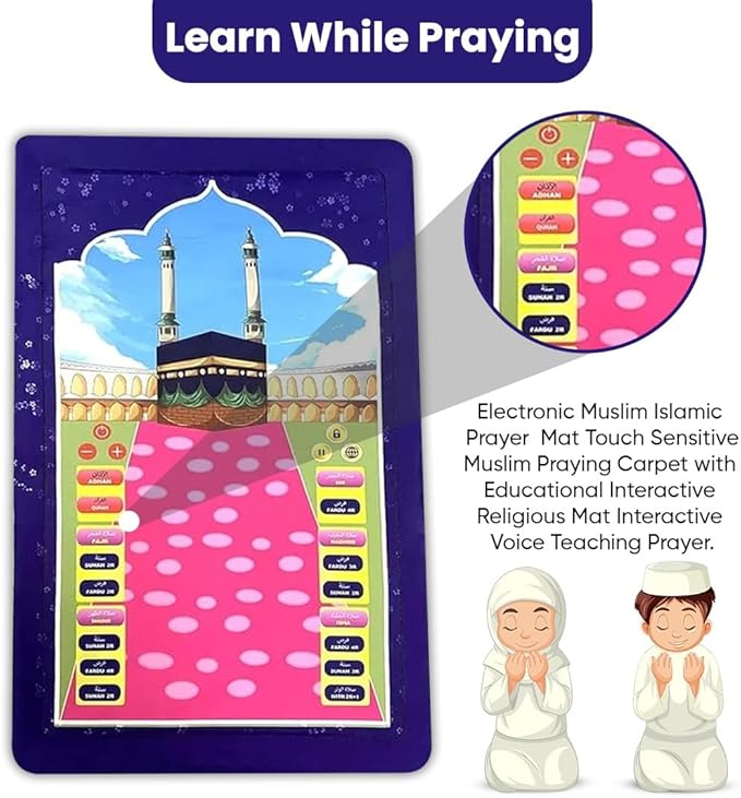 Interactive Electronic Prayer Mat for Kids with Touch Sensors, Audio Guidance, Multi-Language Learning Prayer Rug for Children