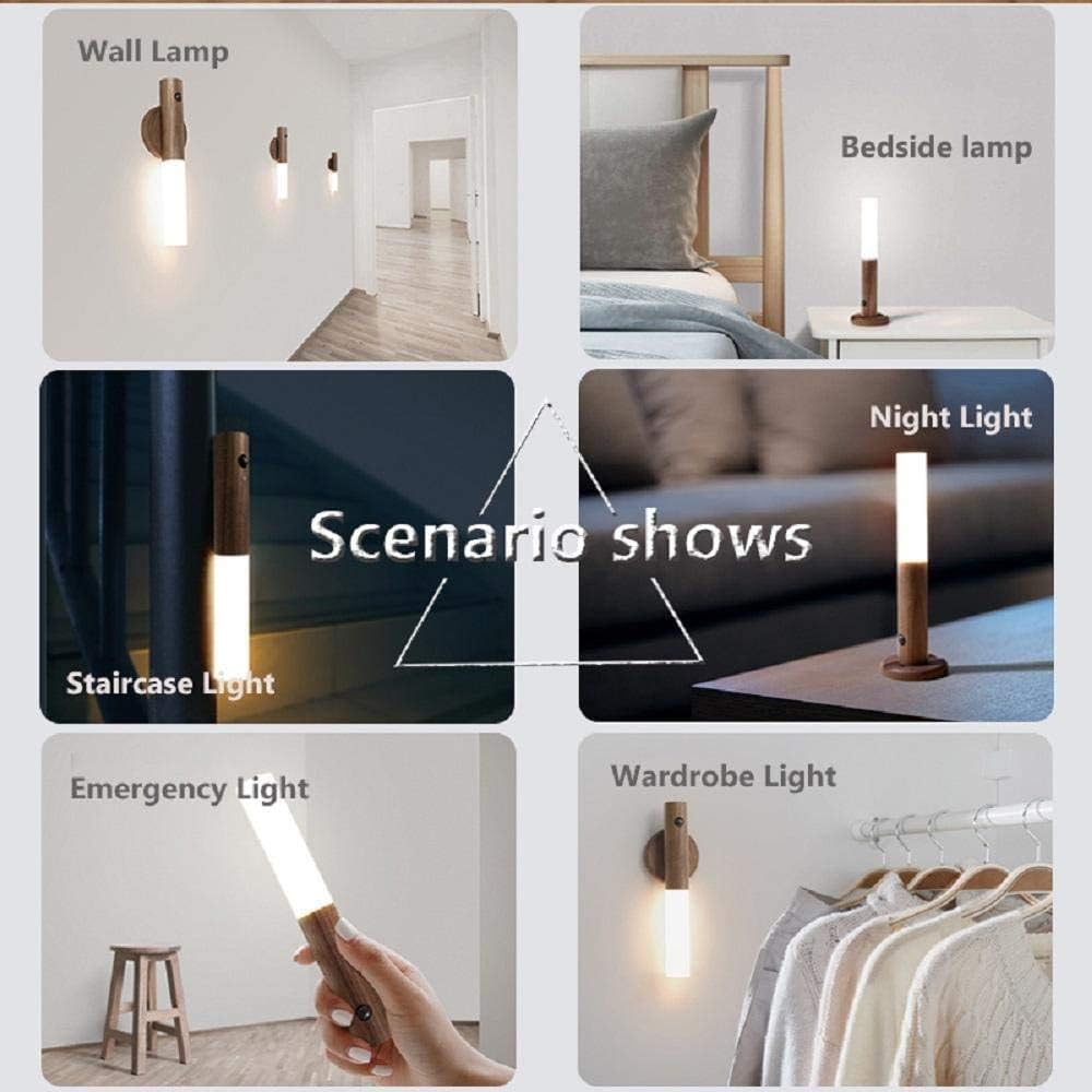 Motion Sensor LED Night Light, Rechargeable Magnetic Wall Lamp with 4M Detection Range, Portable Handheld Light, Walnut Finish, USB Rechargeable