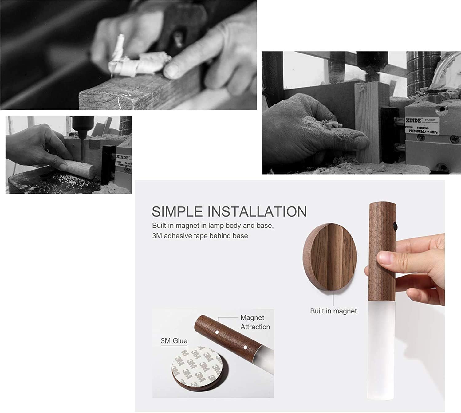 Motion Sensor LED Night Light, Rechargeable Magnetic Wall Lamp with 4M Detection Range, Portable Handheld Light, Walnut Finish, USB Rechargeable